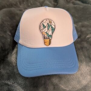 Blue and White Trucker Hat with Mountain Patch